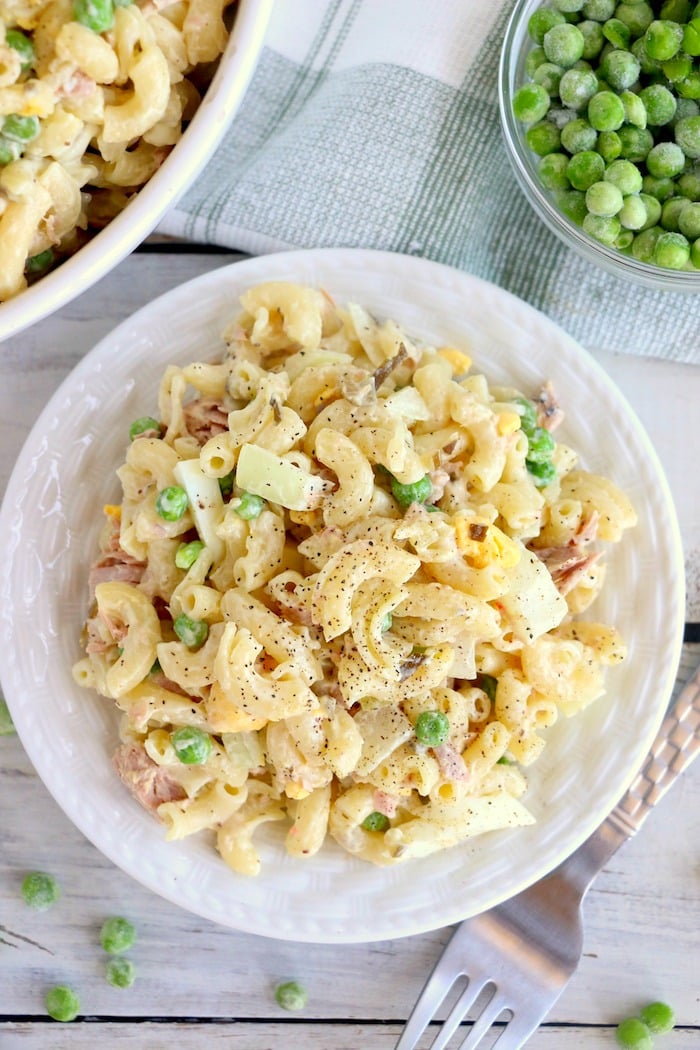 Tuna pasta salad aerial view