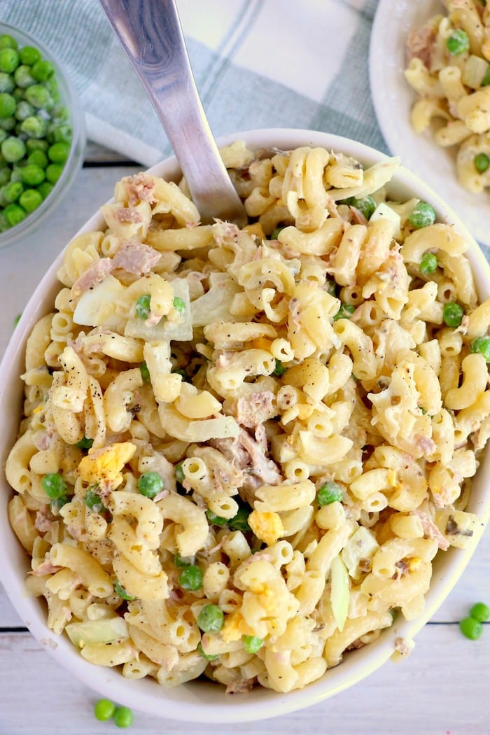 Casserole dish filled with tuna macaroni salad