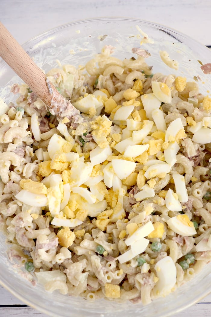 Adding hard boiled eggs to tuna macaroni salad