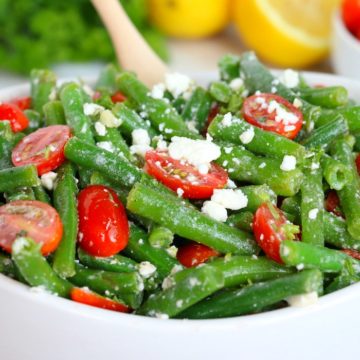 bowl of green bean salad with feta cheese