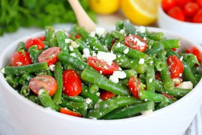 bowl of green bean salad with feta cheese