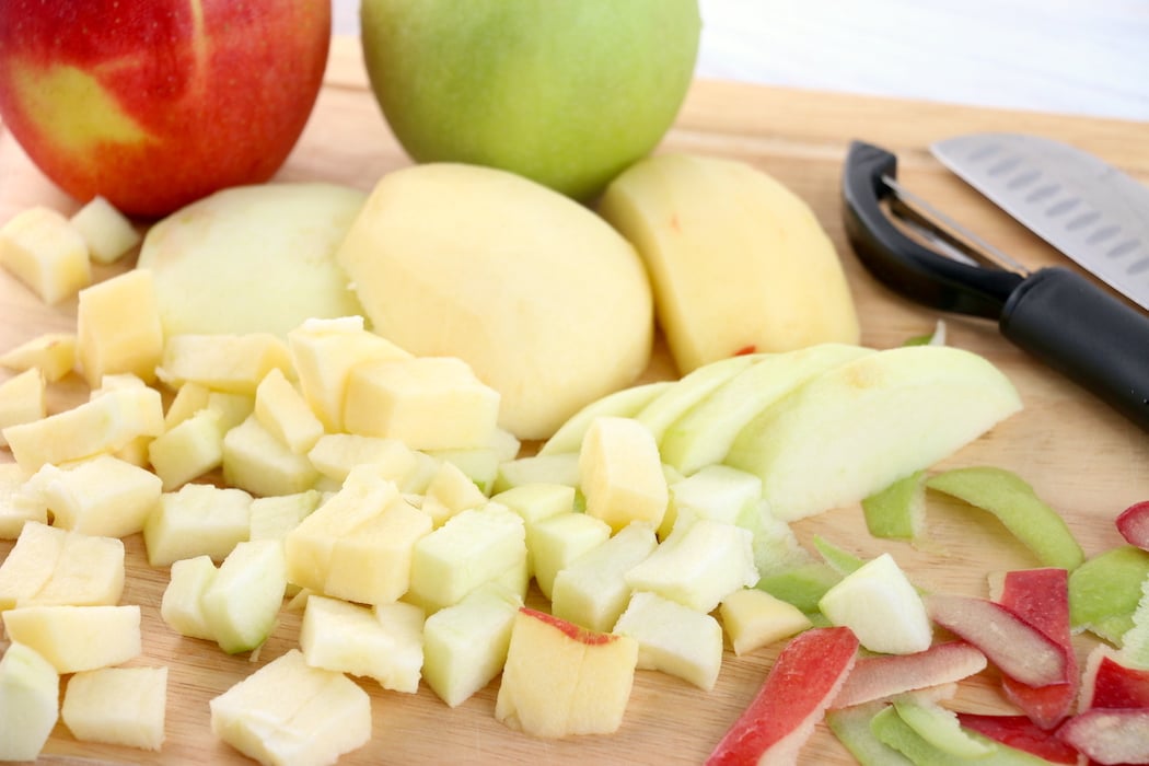 Chopped up red and green apples