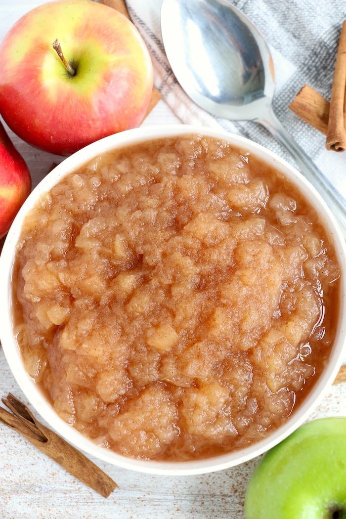 top view of applesauce in white bowl