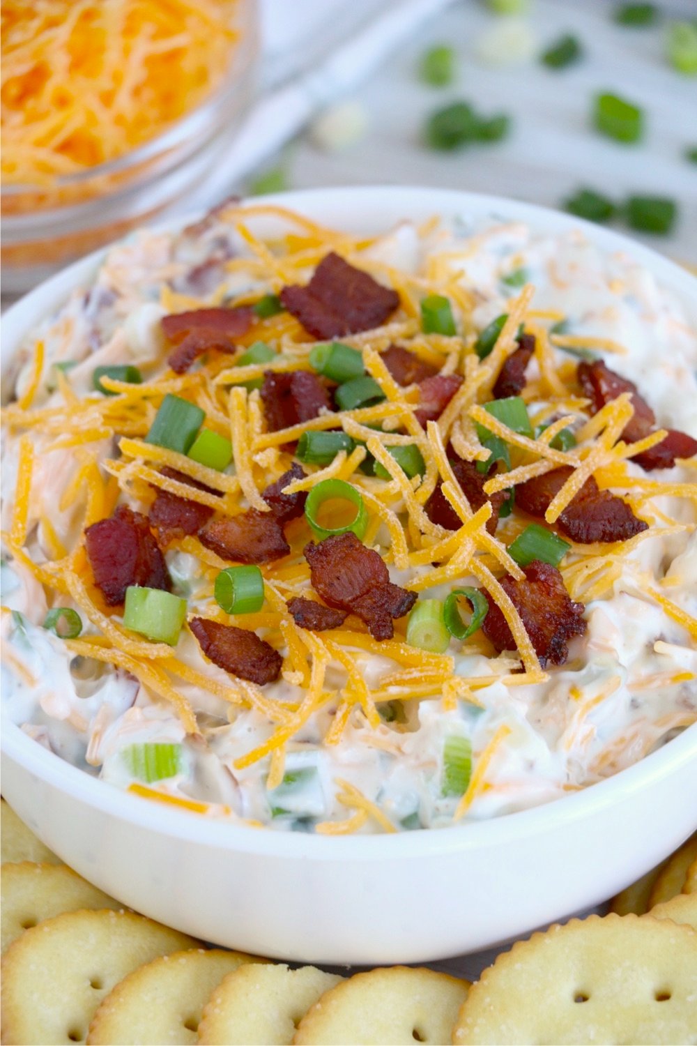 bowl of dip with bacon, cheese and green onions