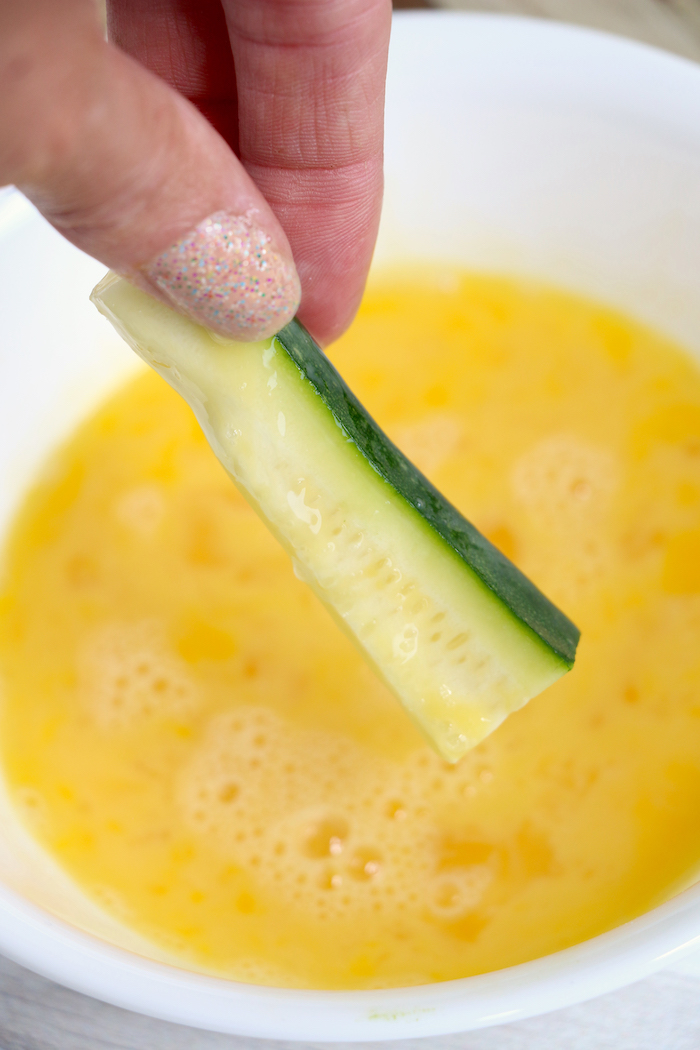 dredging zucchini in Panko crumbs