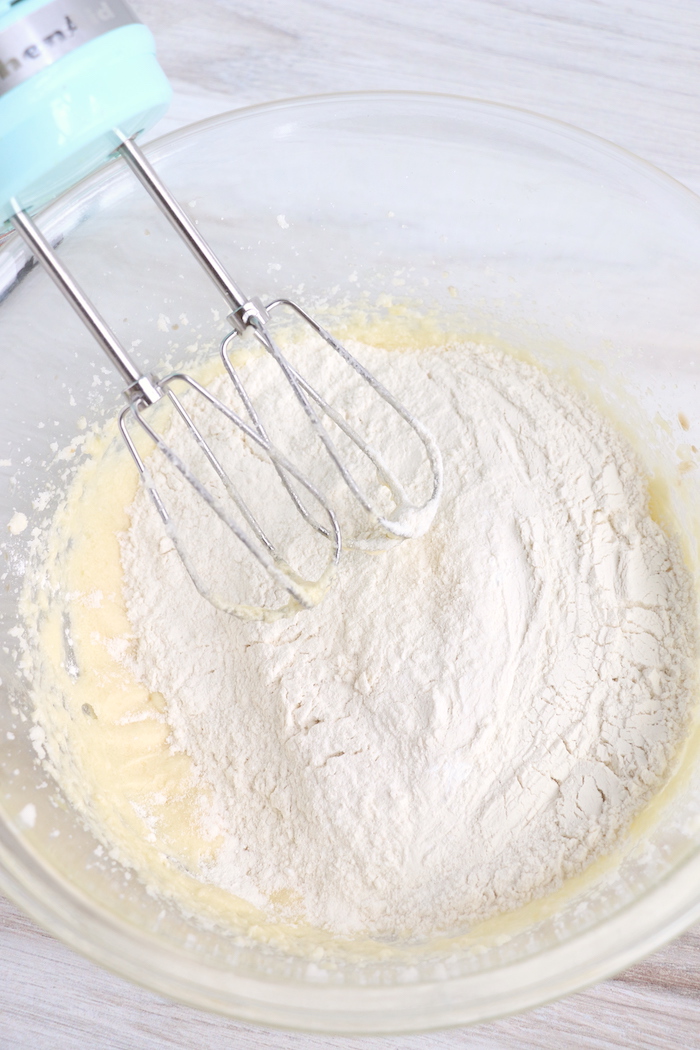 whisking together flour, baking powder and salt in a glass bowl