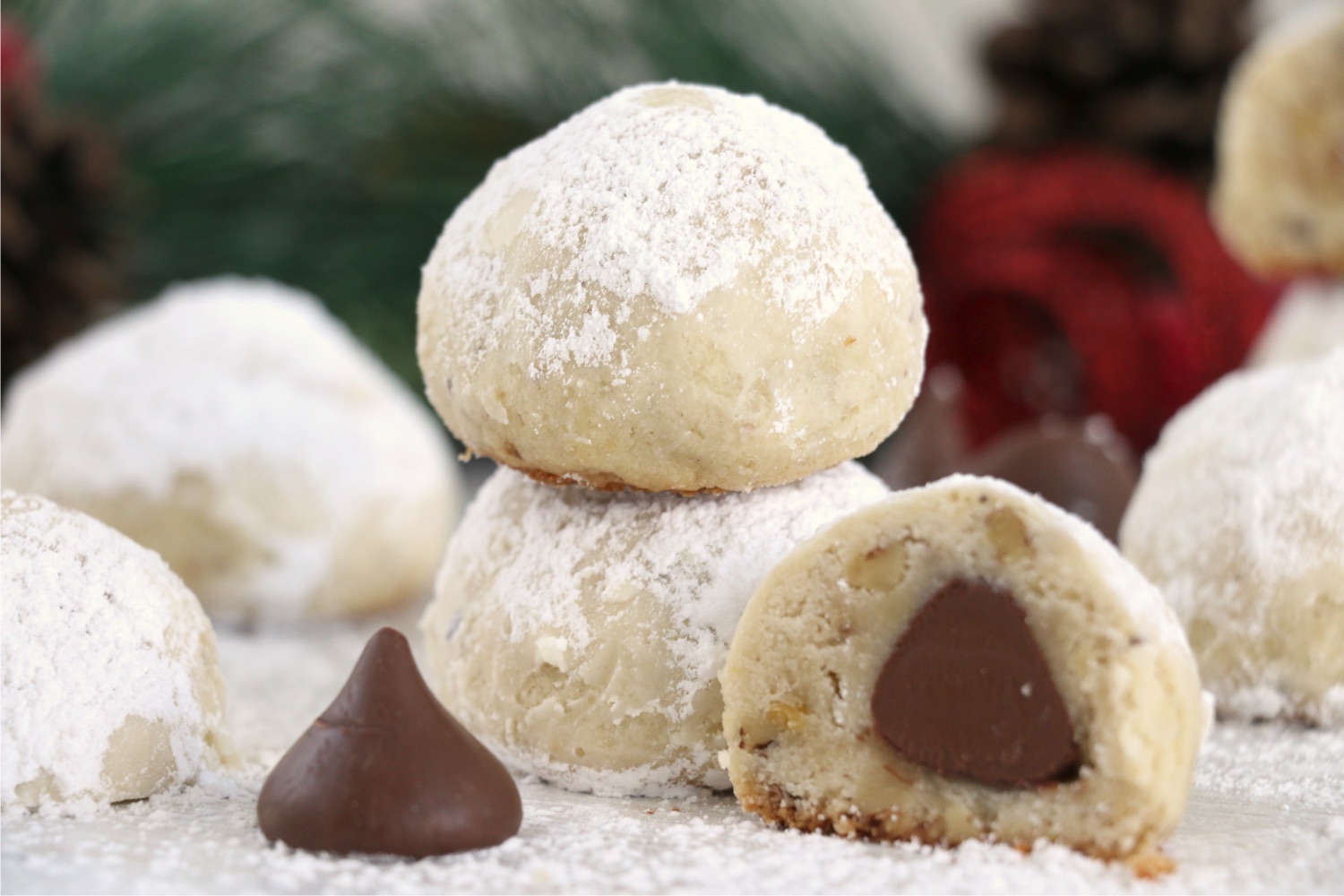 Stack of chocolate kiss snowball cookies