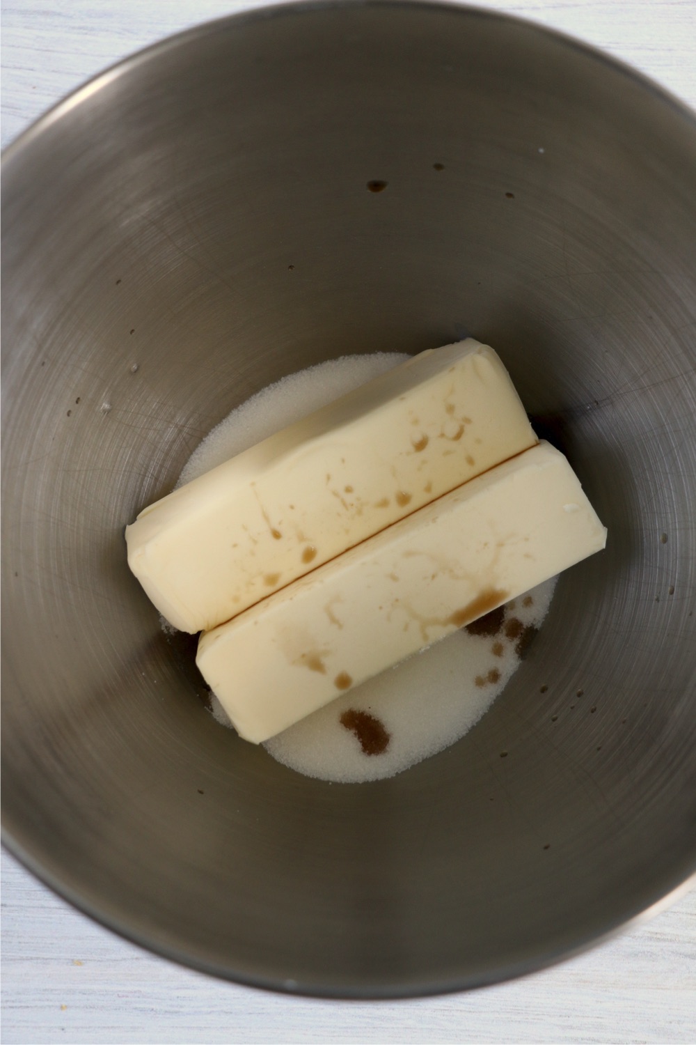 Butter, milk and vanilla in a mixing bowl