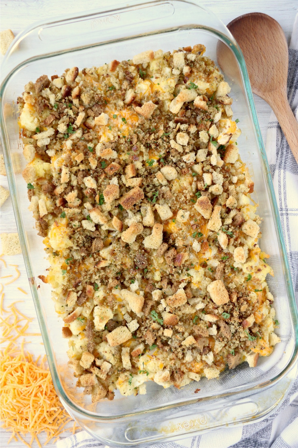 Cauliflower casserole topped with stuffing and croutons