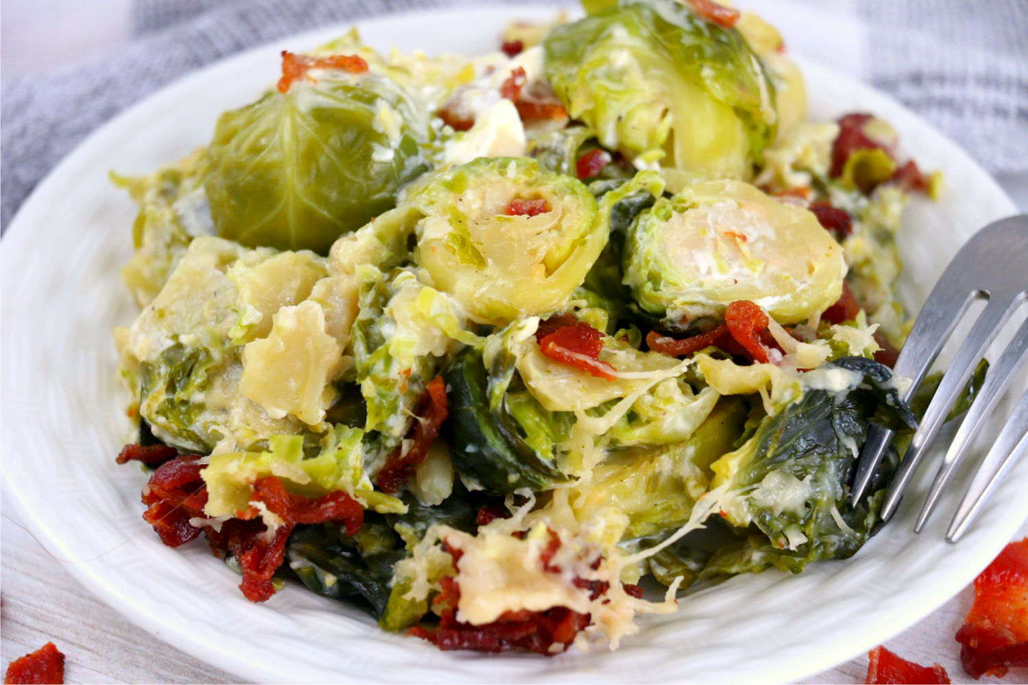 Brussels sprouts with bacon on a plate