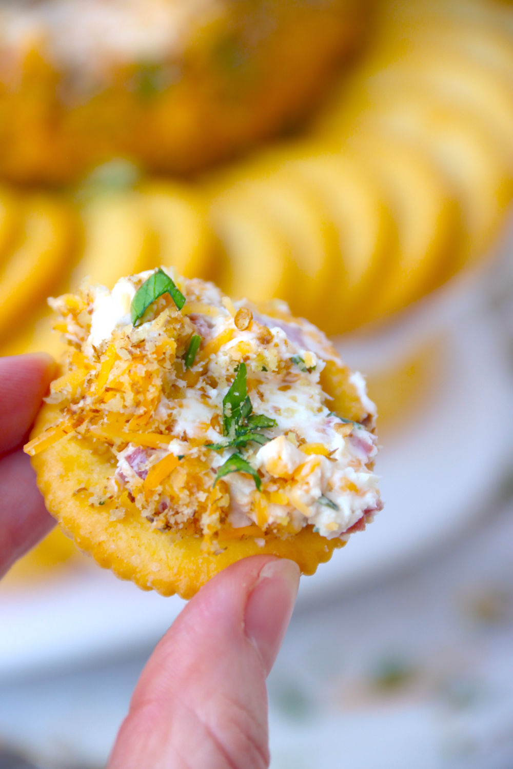 cracker filled with cheese ball mixture