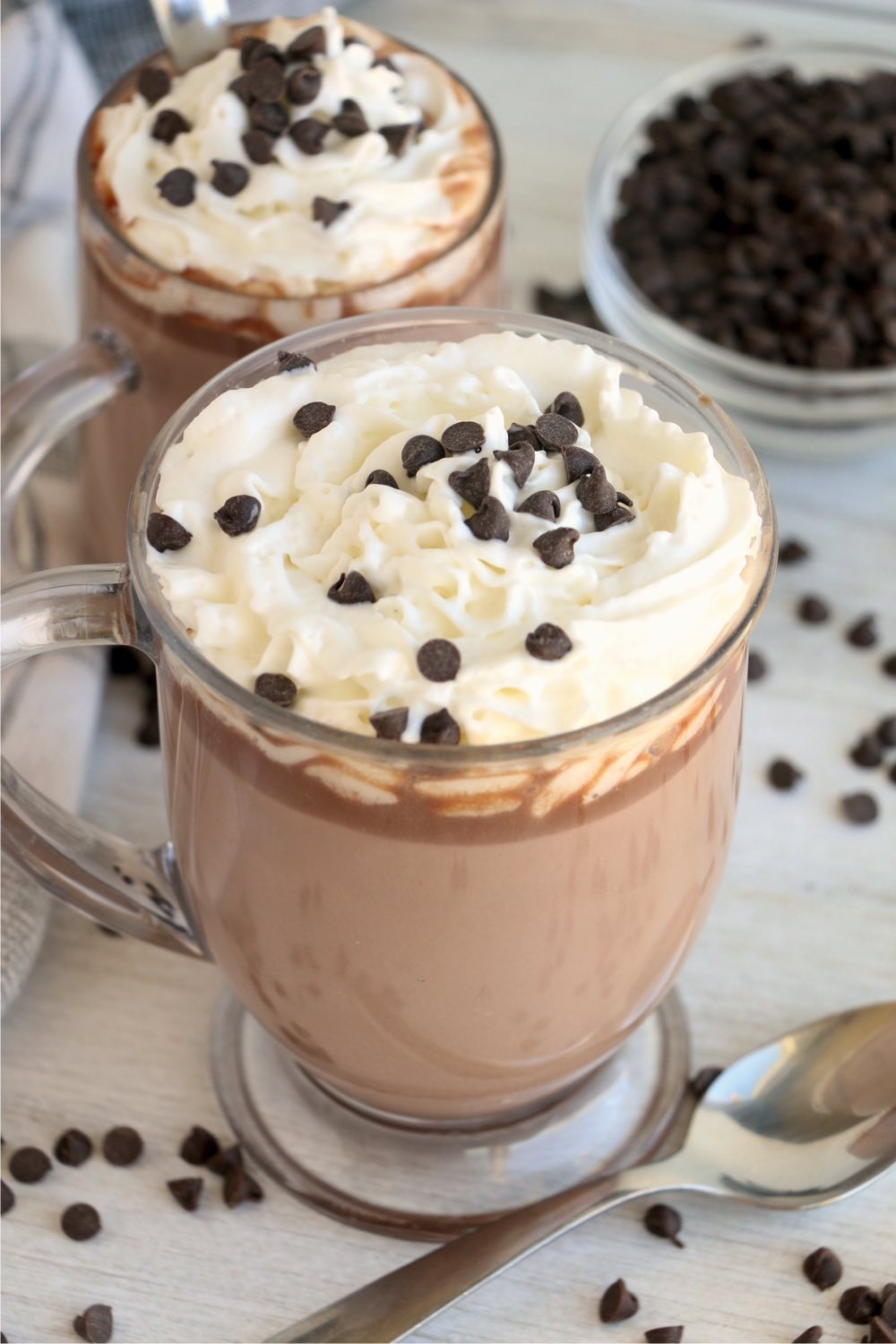 whipped cream and chocolate chips on top of hot chocolate