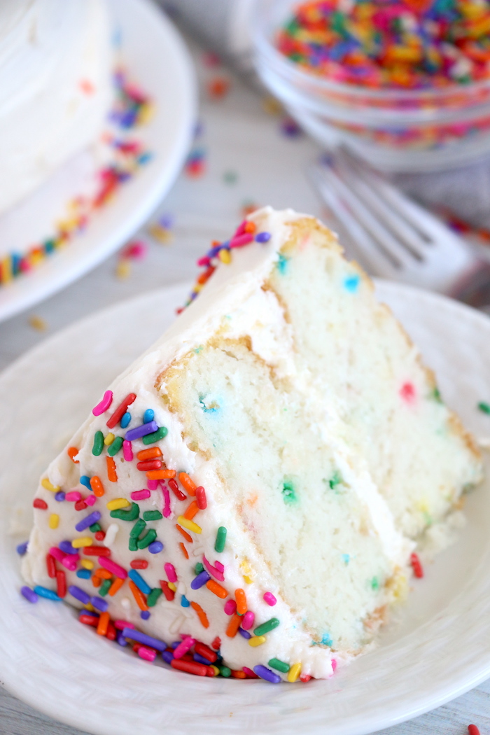 slice of cake with sprinkles on white plate