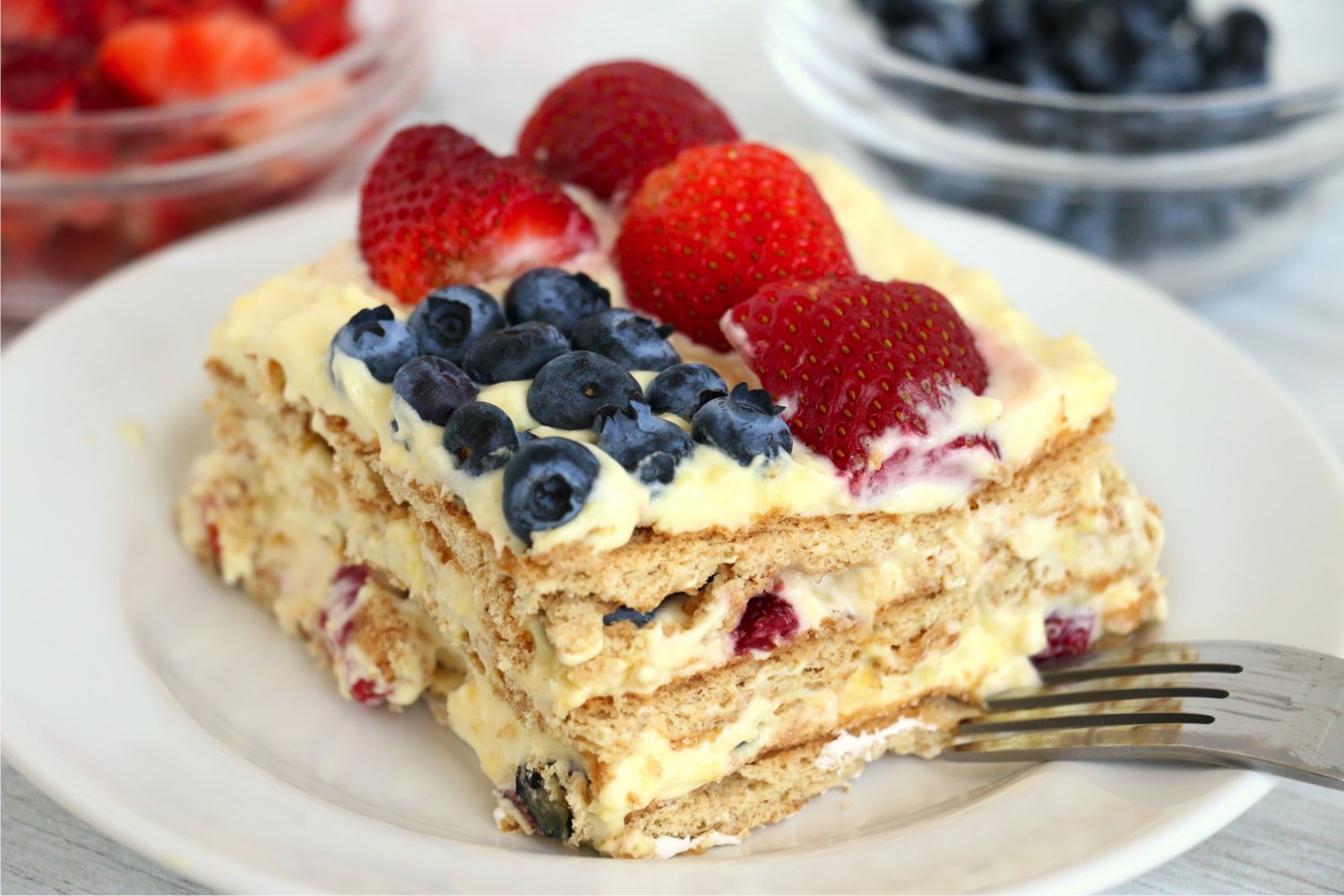 piece of layer cake with red, white and blue design