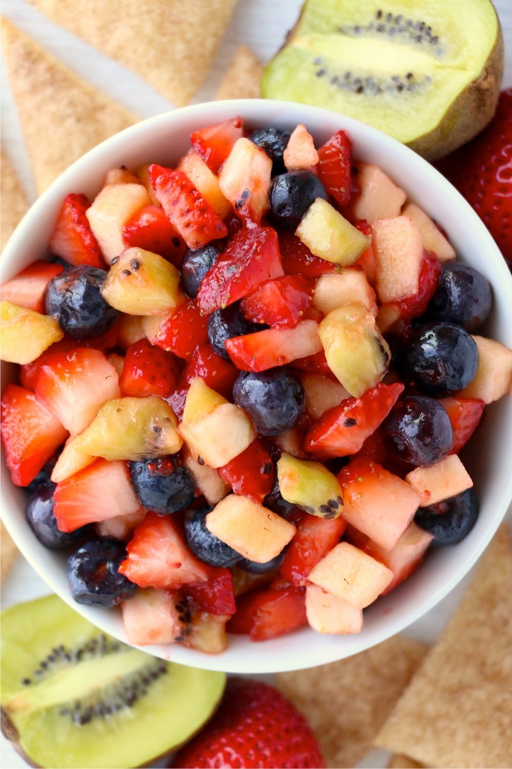 aerial shot of fruit salsa in white bowl