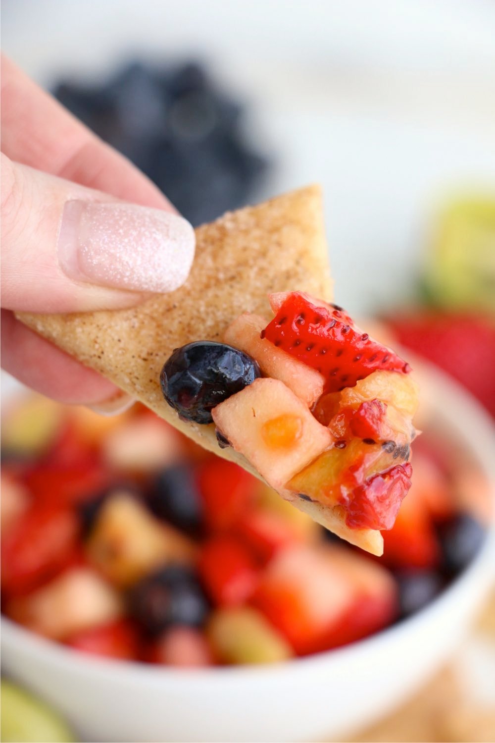 fruit salsa on homemade pie crust chip