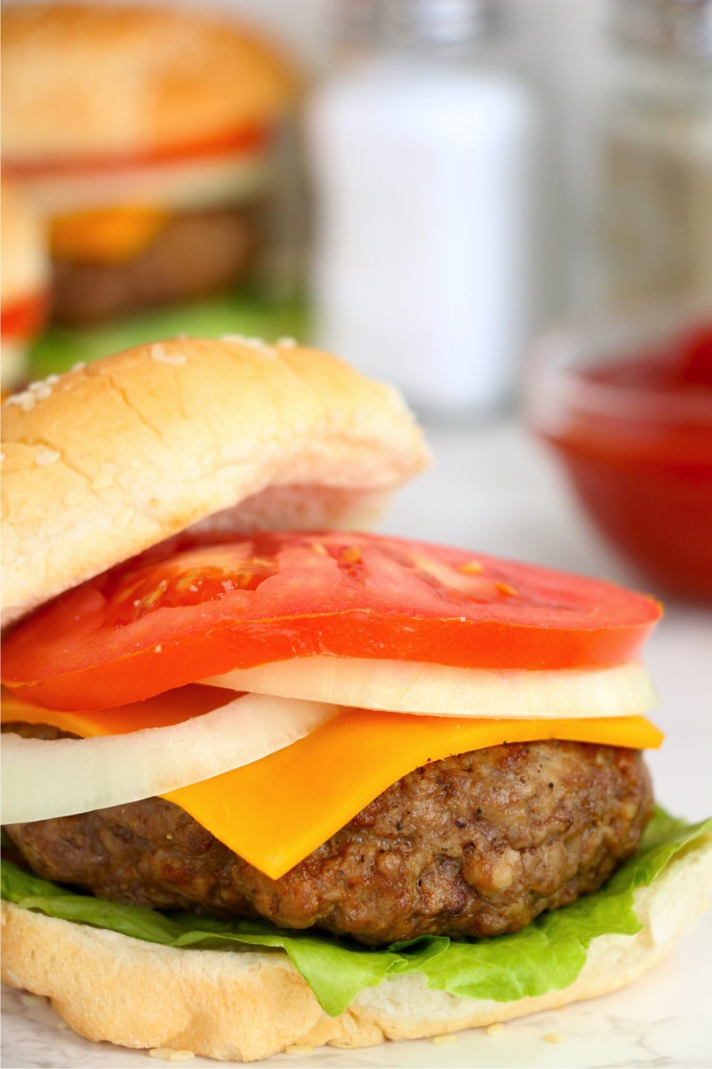 Burger with cheese, onions and tomato on top