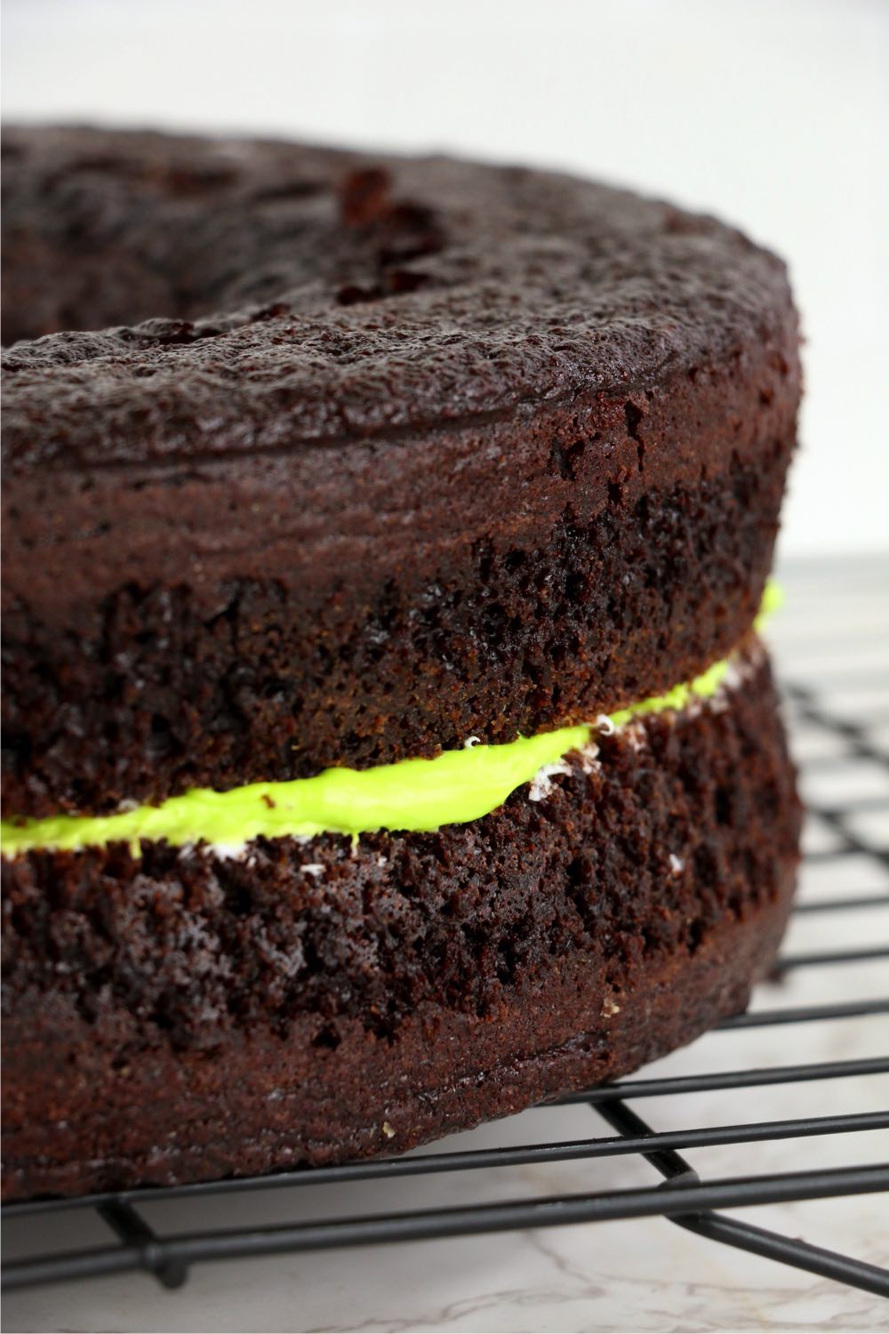 chocolate layer cake with green frosting in middle