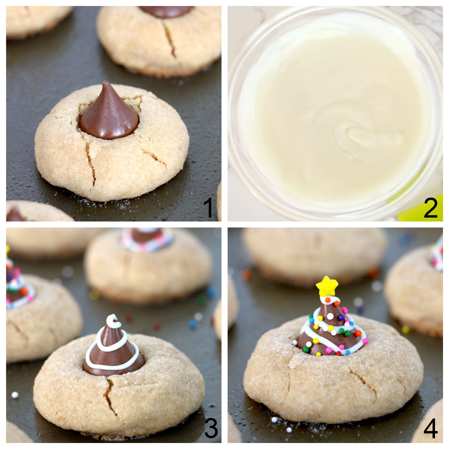 steps to decorating peanut butter blossom cookies for Christmas