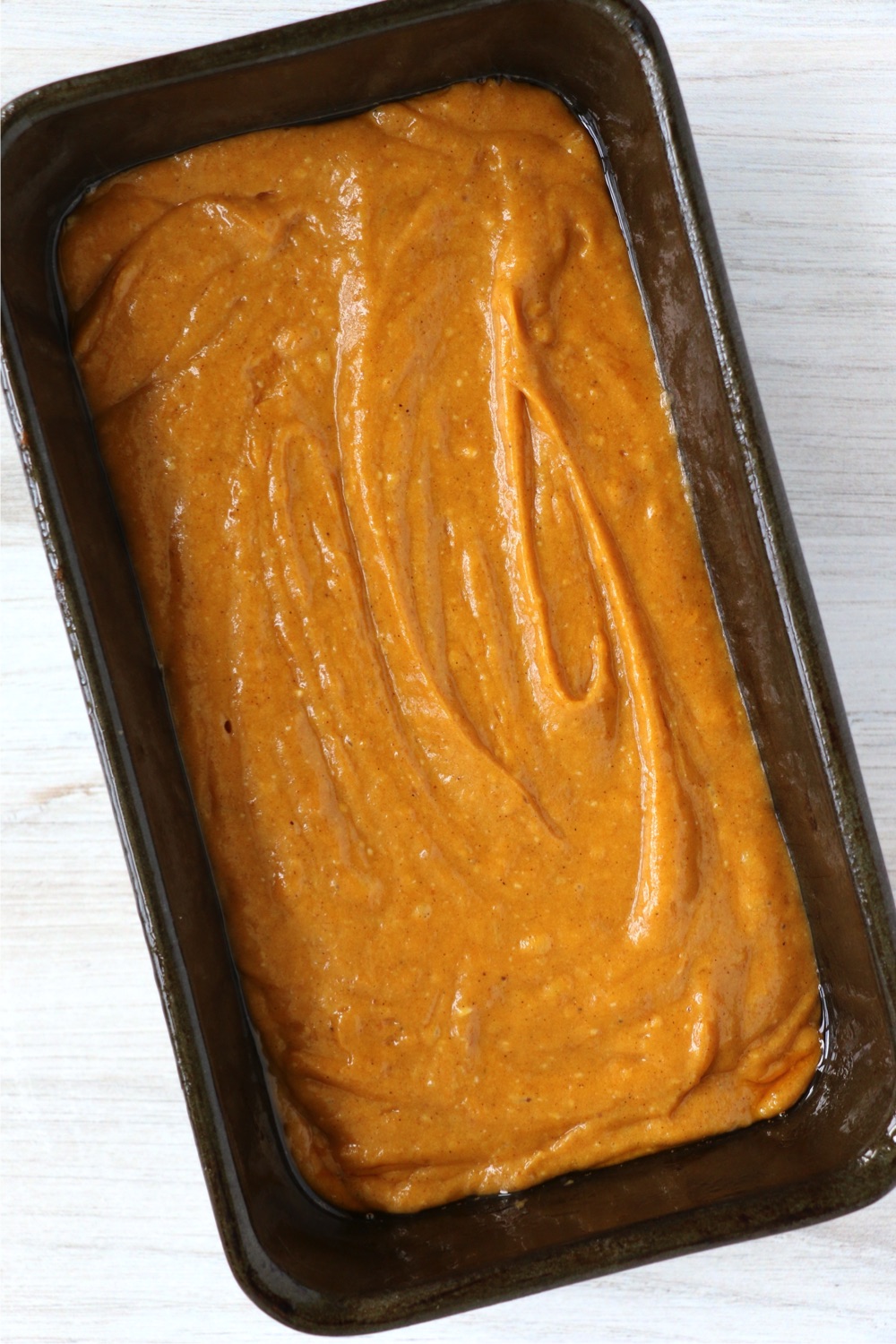 pumpkin batter in loaf pan