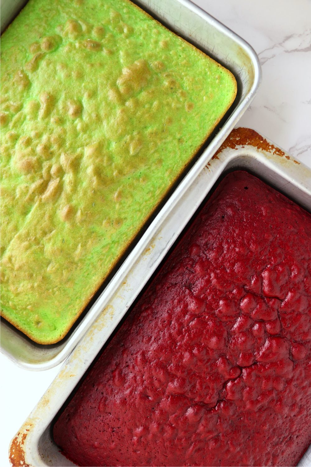 pans of green and red velvet cakes
