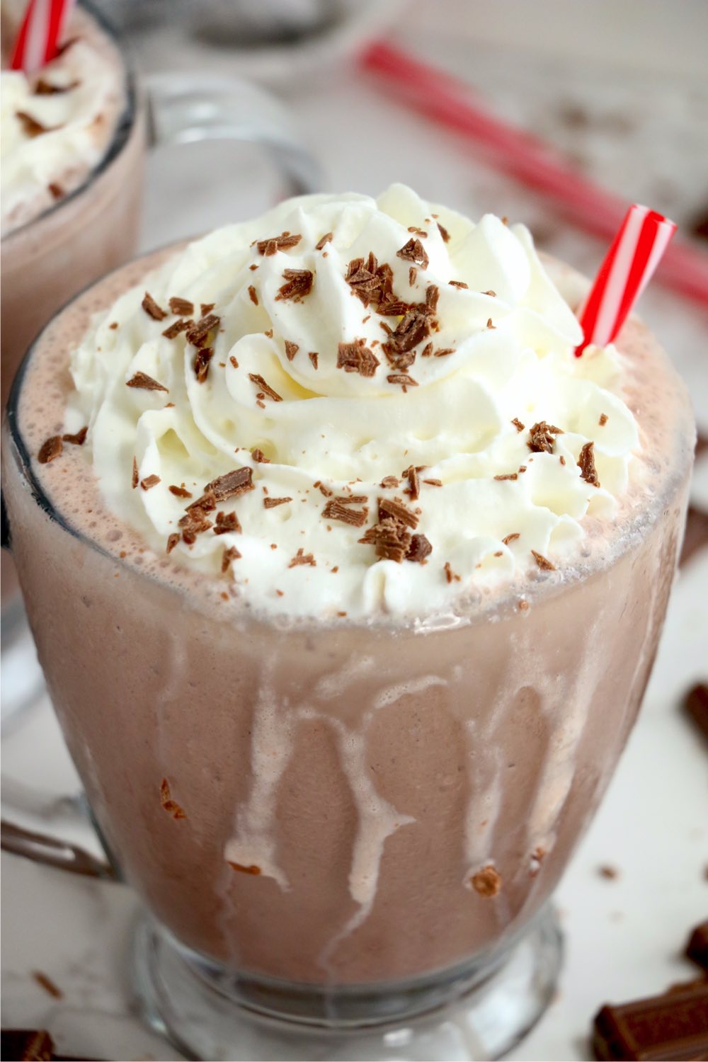 cup of frozen hot chocolate with whipped topping and shaved chocolate