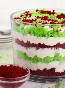 trifle dessert with green and red layers of cake