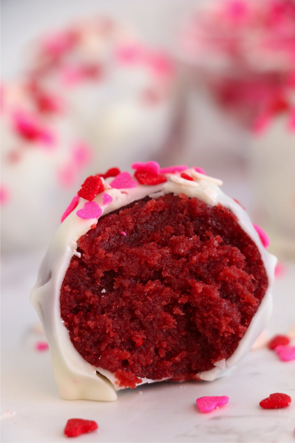 close up of a red velvet truffle