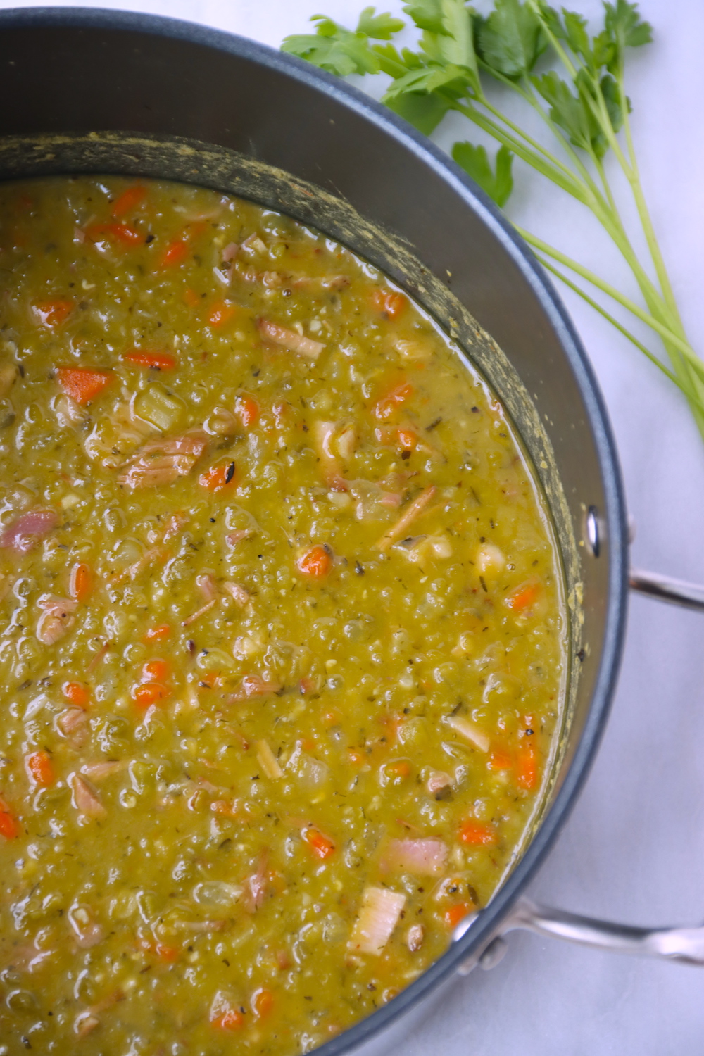 stock pot filled with split pea soup