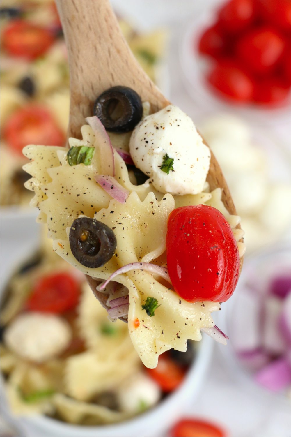 spoonful of bowtie pasta salad