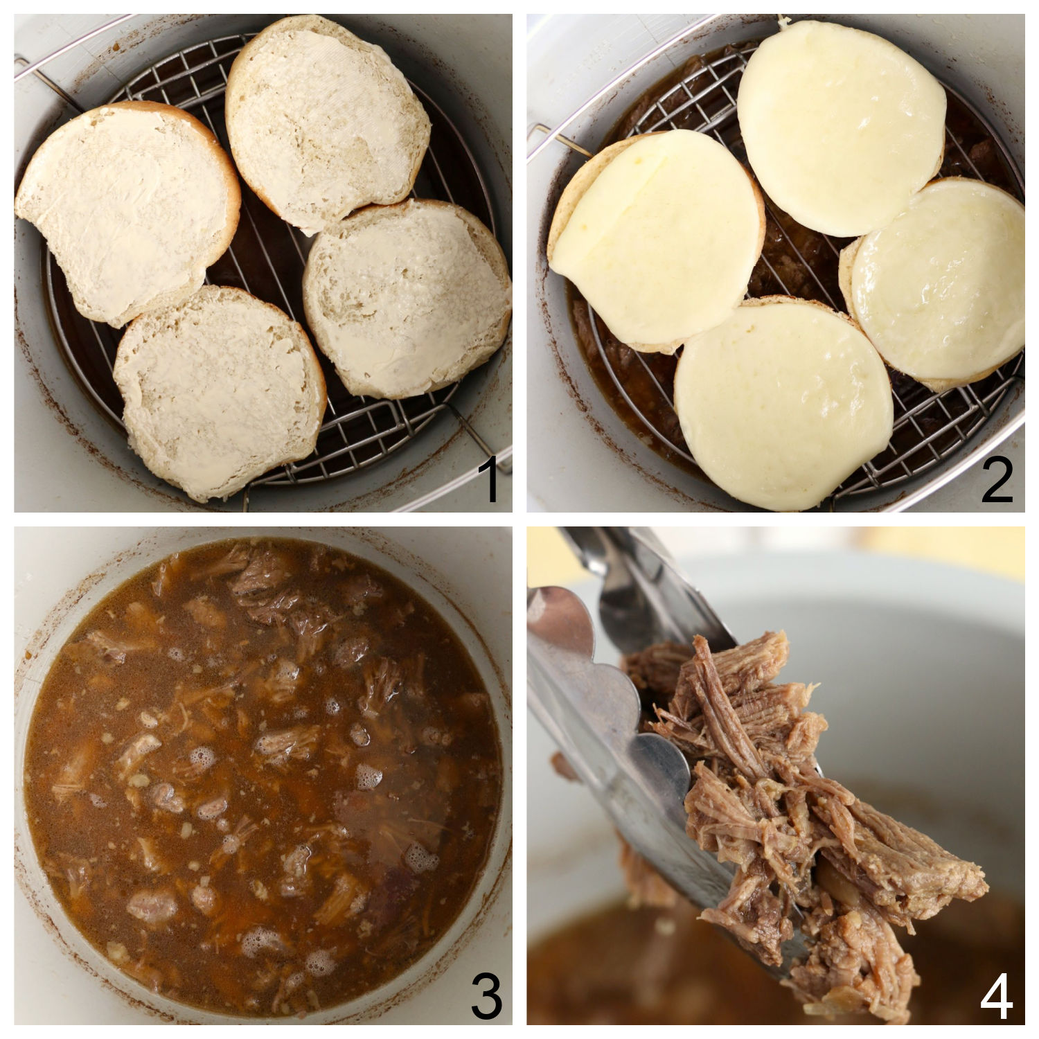steps for assembling French Dip sandwiches in Ninja Foodi