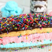 ice cream cake covered in fudge