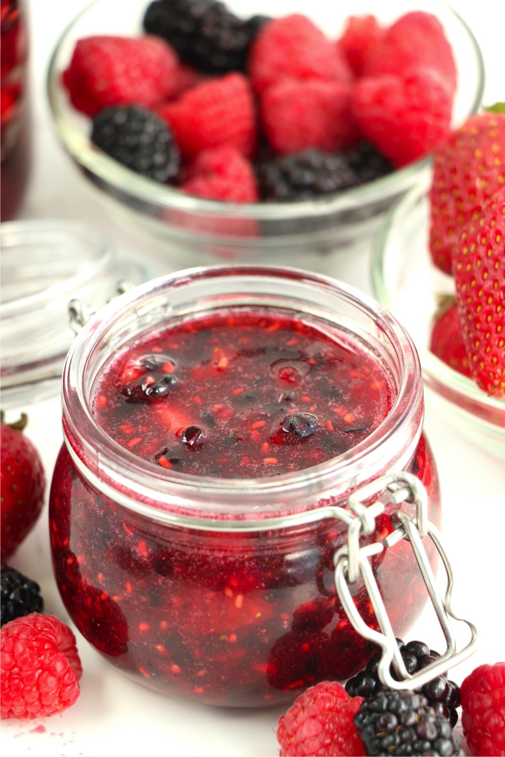 open jar of mixed berry no-cook jam