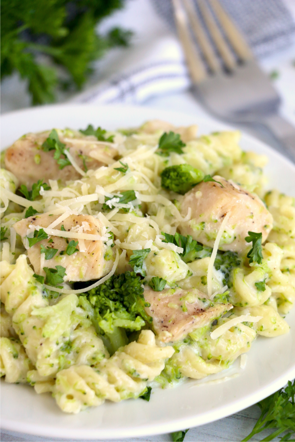 plate of chicken broccoli alfredo