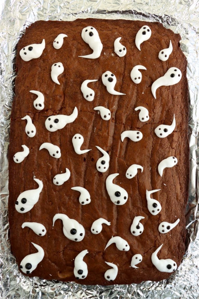 pan of brownies topped with marshmallow ghosts