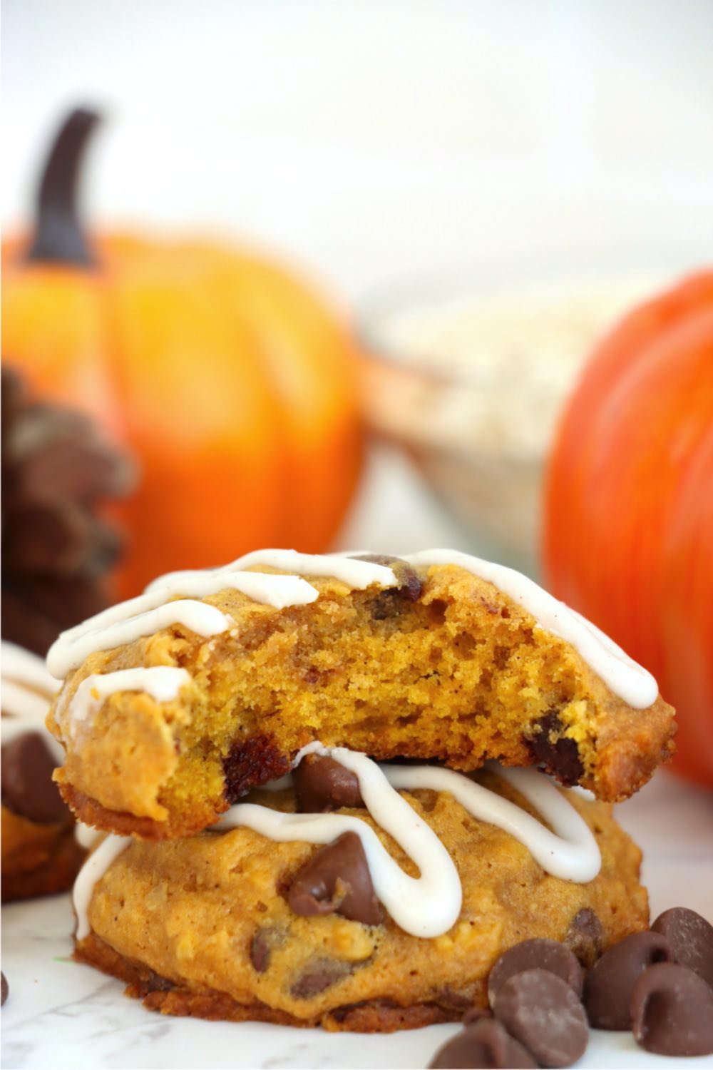 pumpkin chocolate chip cookie with bite out