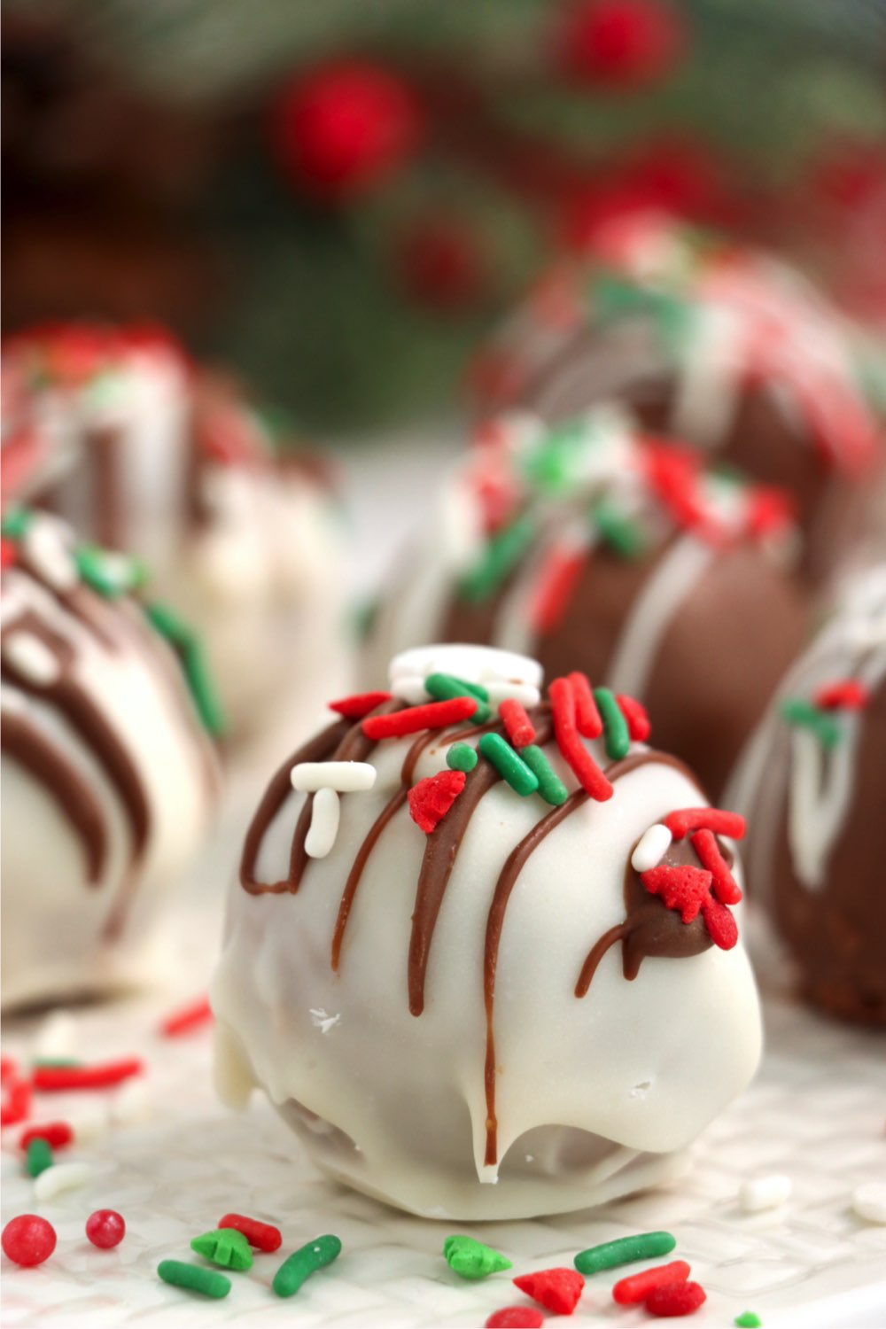 up close view of white chocolate covered Christmas truffle