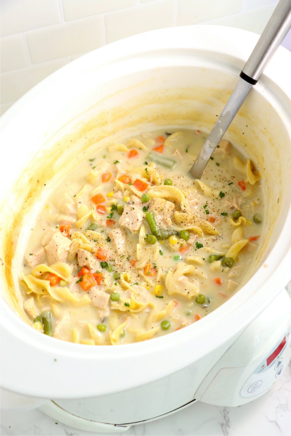 crockpot filled with creamy chicken vegetable soup