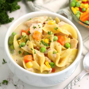 bowl of soup with veggies and noodles
