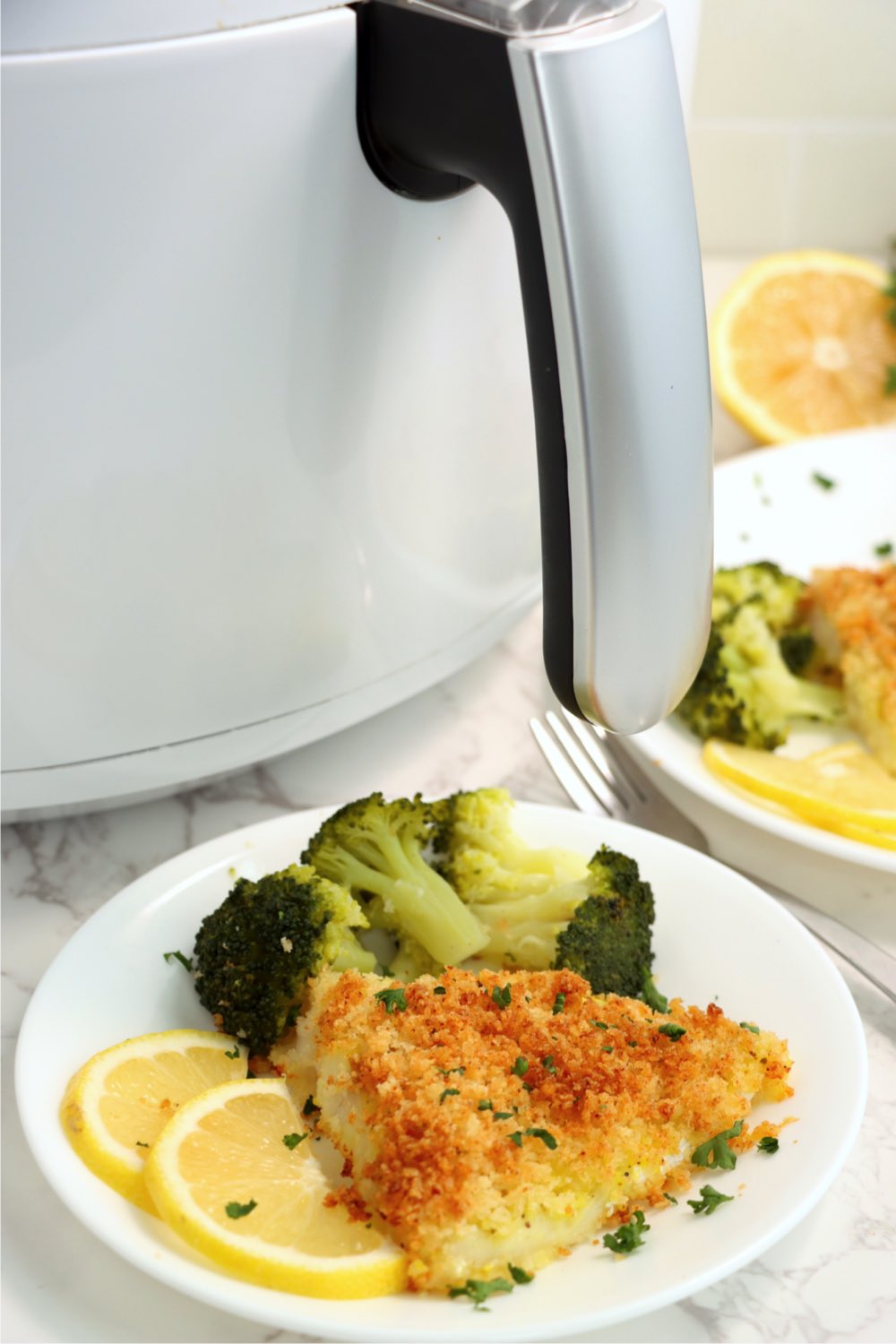 plate of cod and broccoli in front of air fryer