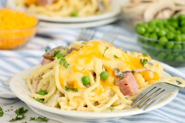 plate of tetrazzini covered in melted cheese
