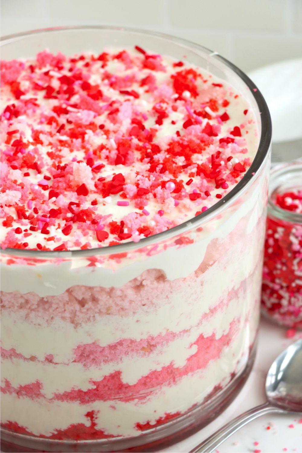 up close view of the top of a trifle with layers
