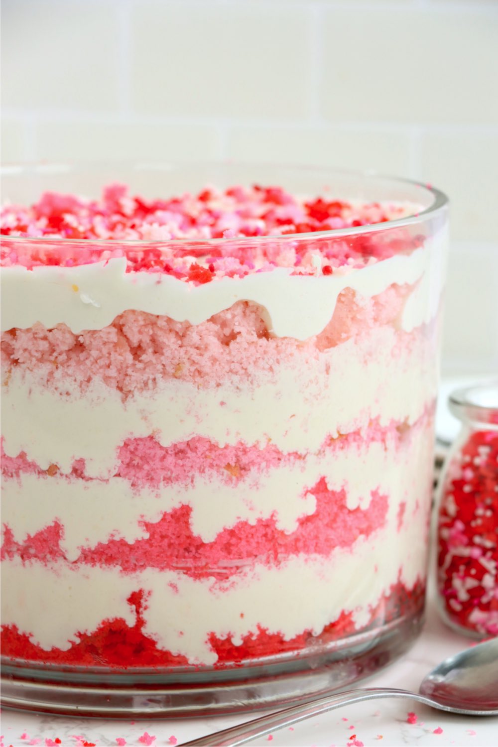 trifle with red and pink layers of cake