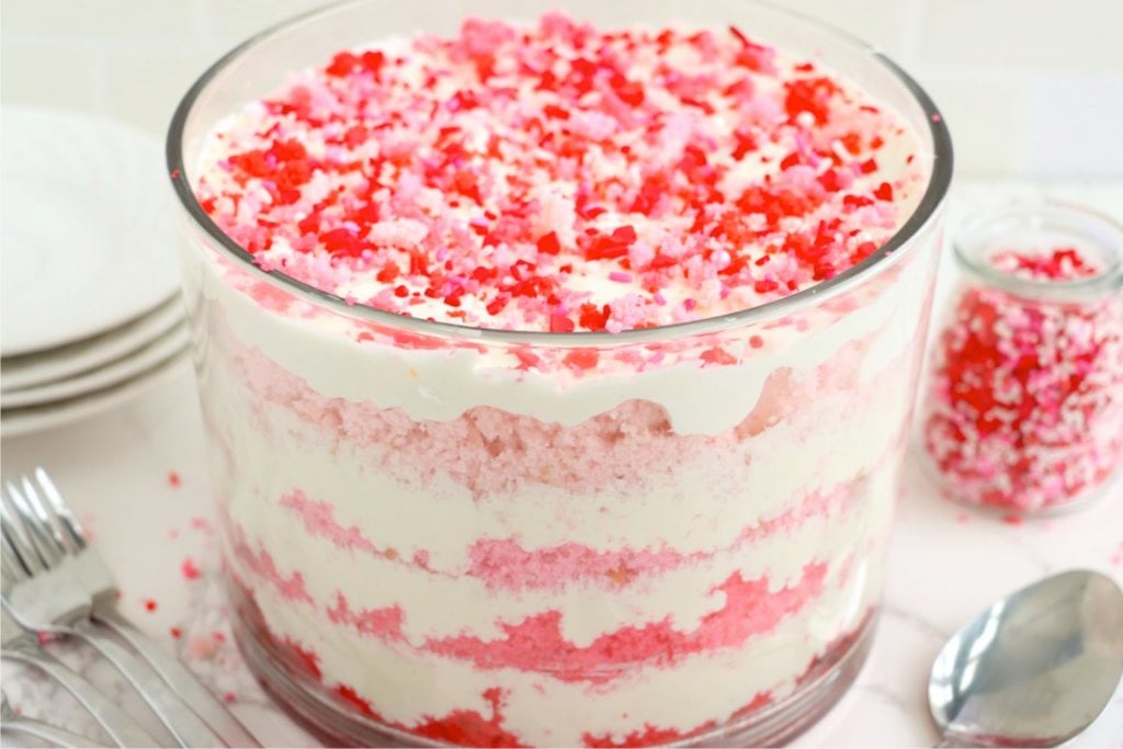 Valentine's Day trifle with layers of pink and red