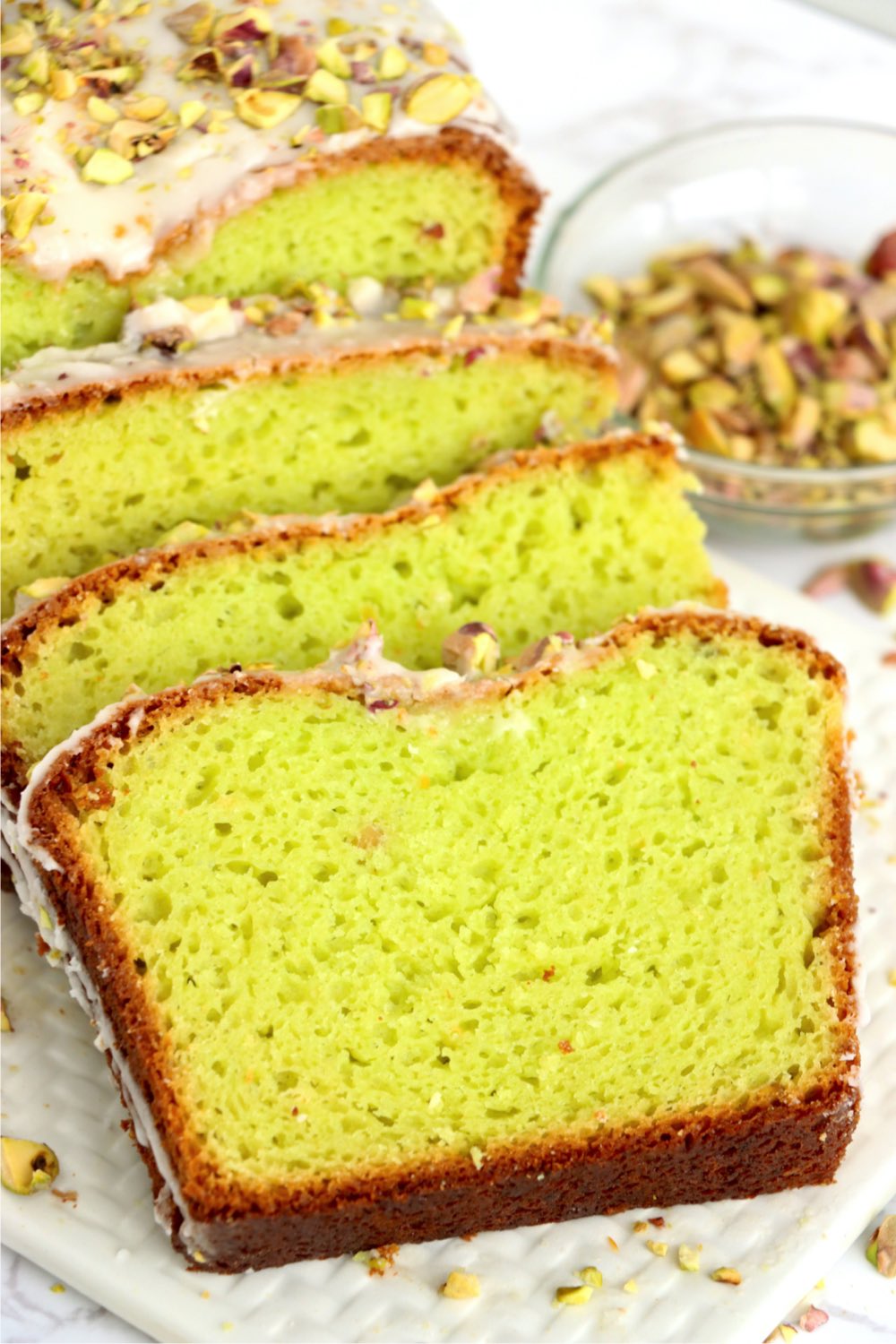 Sliced green pistachio bread for St. Patrick's Day