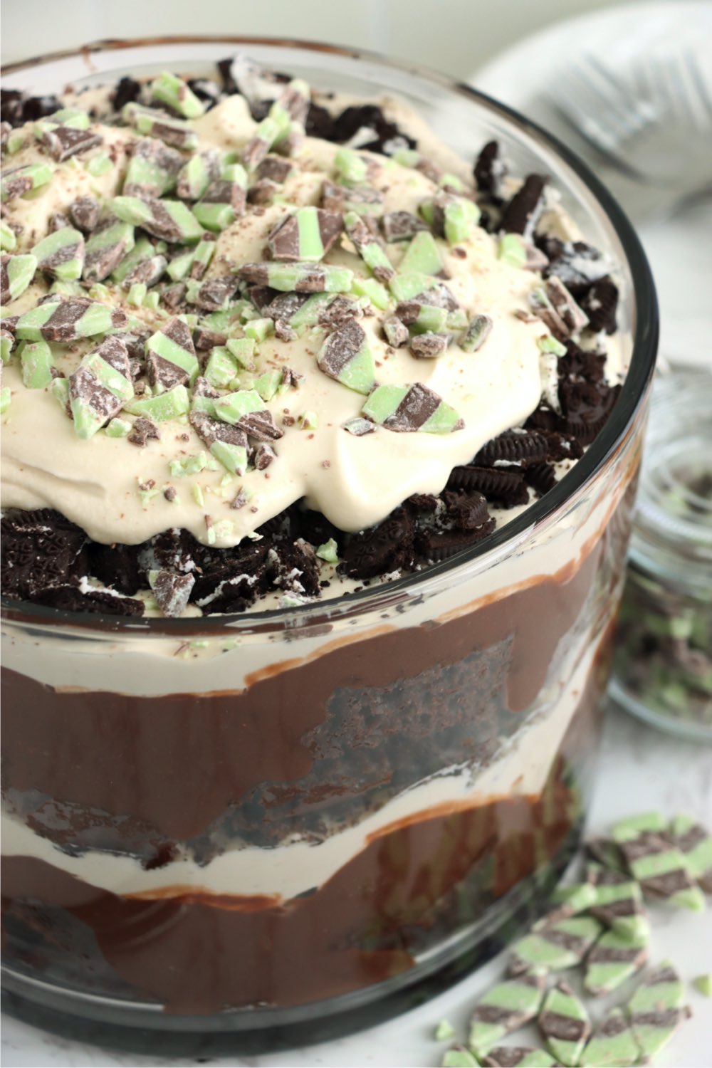 Trifle topped with crushed Oreos and Andes mints