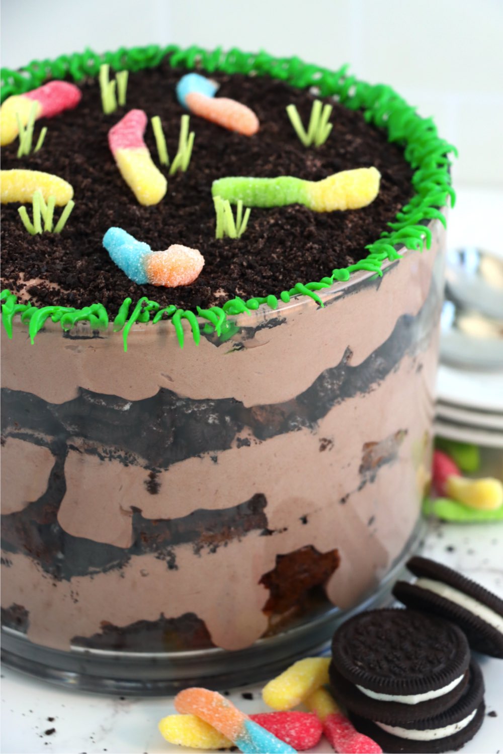 close up of top of dirt cake trifle