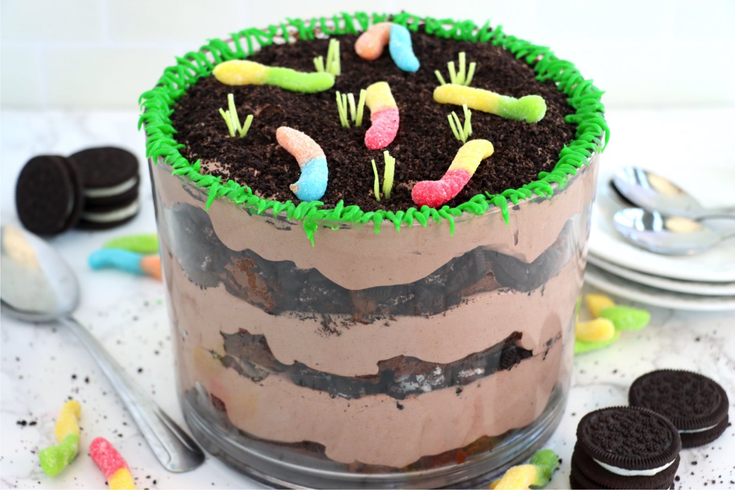 Trifle dessert decorated to look like a dirt cake