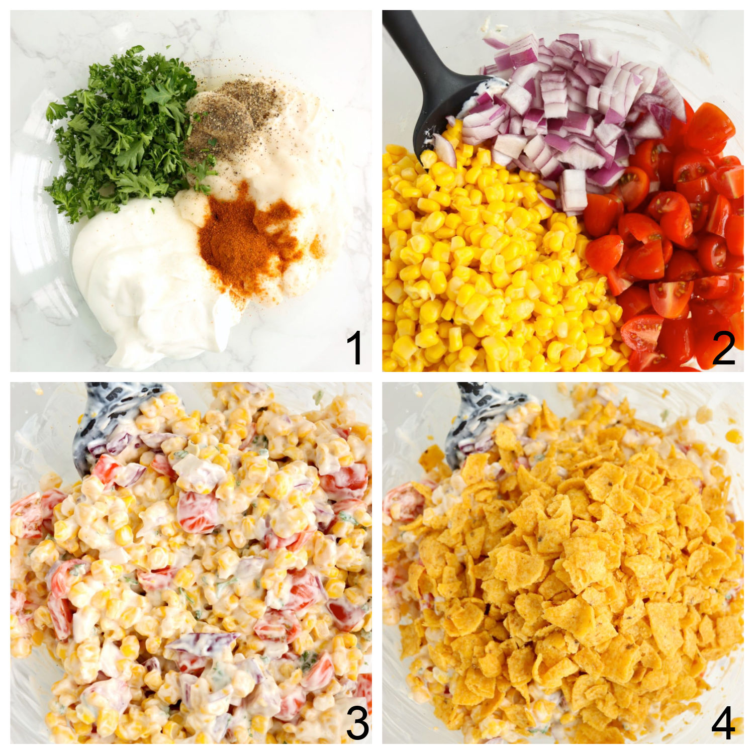 steps for making corn salad with Fritos