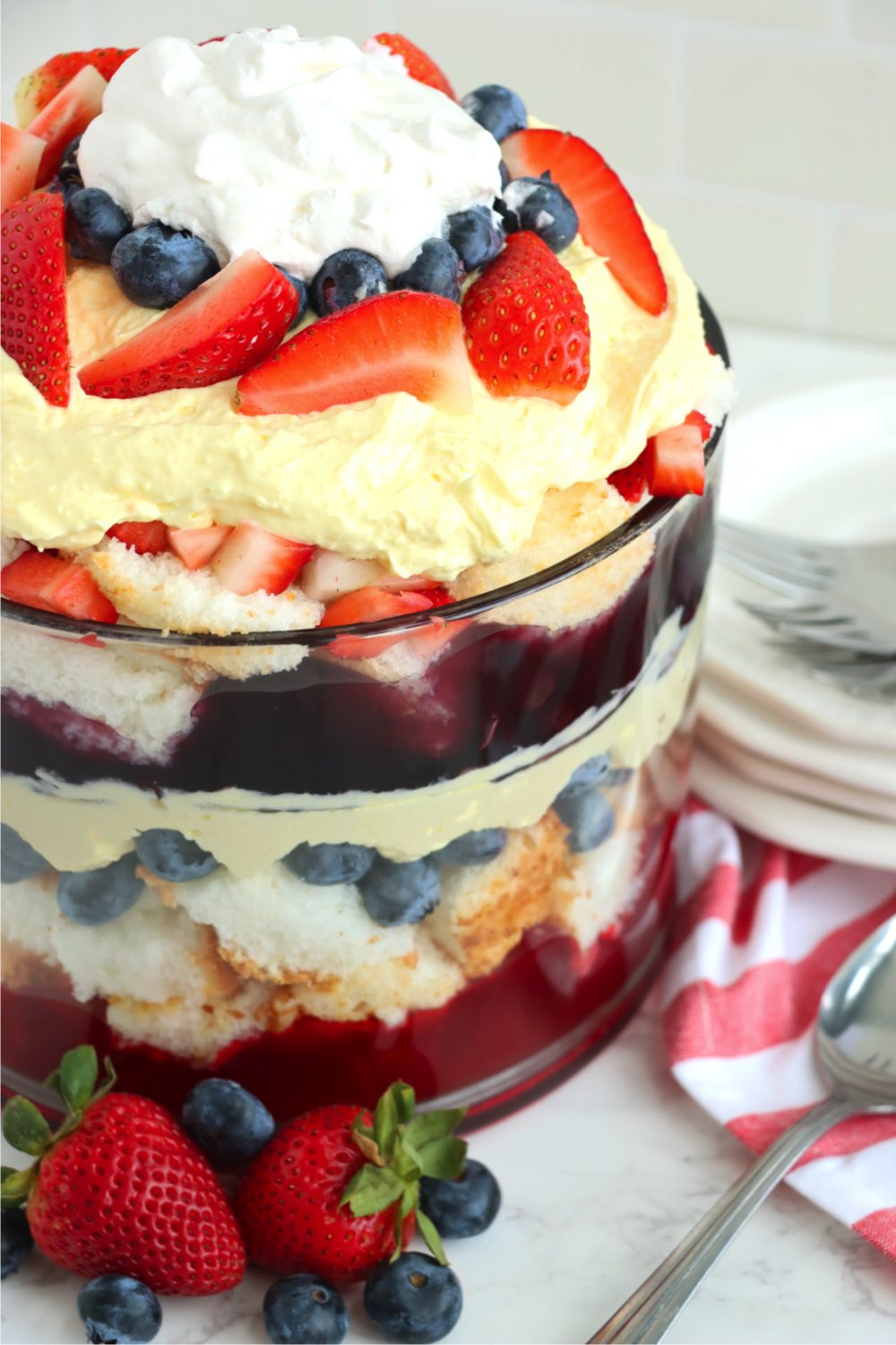 glass trifle bowl with red, white and blue dessert